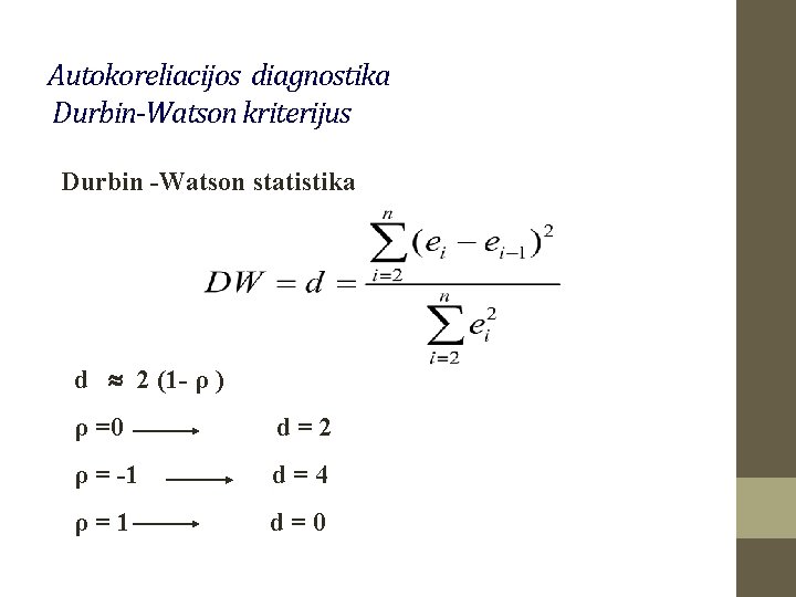 Autokoreliacijos diagnostika Durbin-Watson kriterijus Durbin -Watson statistika d 2 (1 - ρ ) ρ