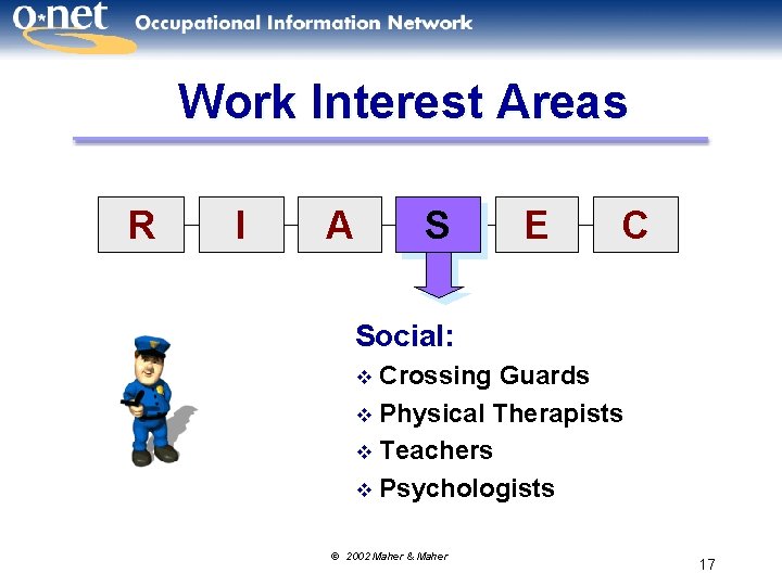 Work Interest Areas R I A S E C Social: Crossing Guards v Physical