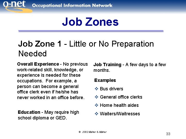 Job Zones Job Zone 1 - Little or No Preparation Needed Overall Experience -