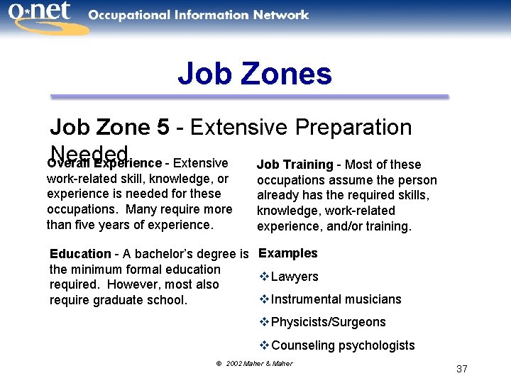 Job Zones Job Zone 5 - Extensive Preparation Needed Overall Experience - Extensive Job