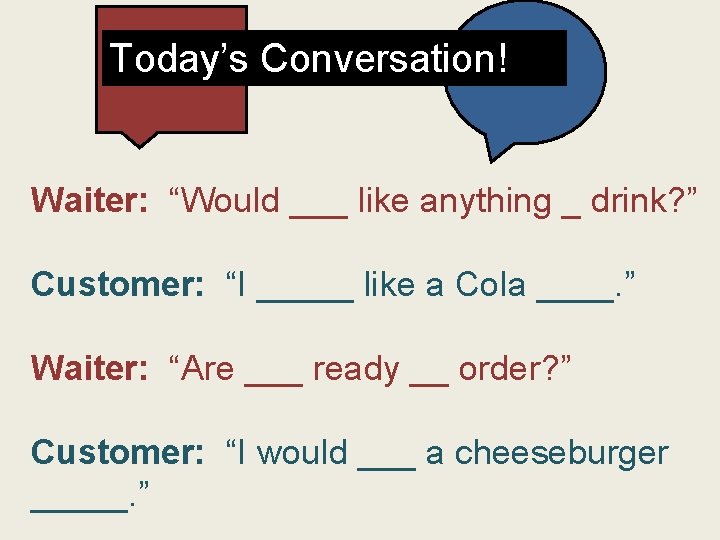 Today’s Conversation! Waiter: “Would ___ like anything _ drink? ” Customer: “I _____ like