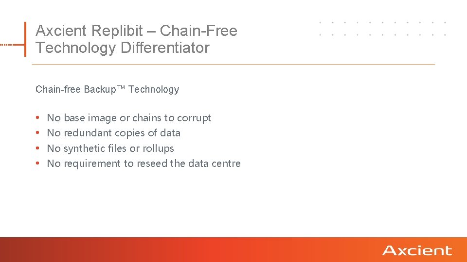 Axcient Replibit – Chain-Free Technology Differentiator Chain-free Backup™ Technology • • No base image