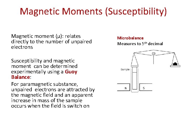 Magnetic Moments (Susceptibility) Magnetic moment (μ): relates directly to the number of unpaired electrons