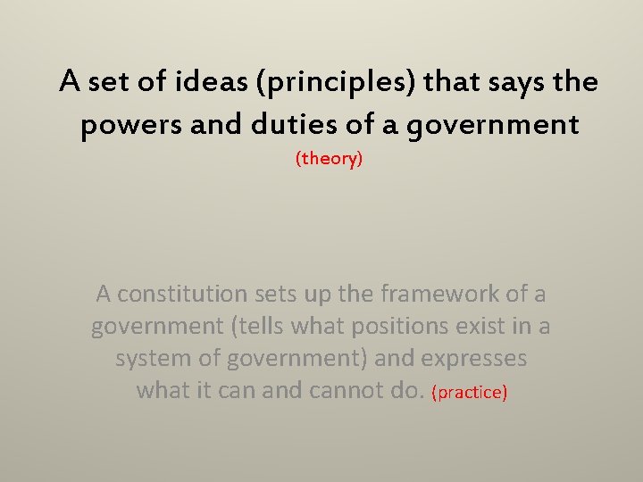 A set of ideas (principles) that says the powers and duties of a government