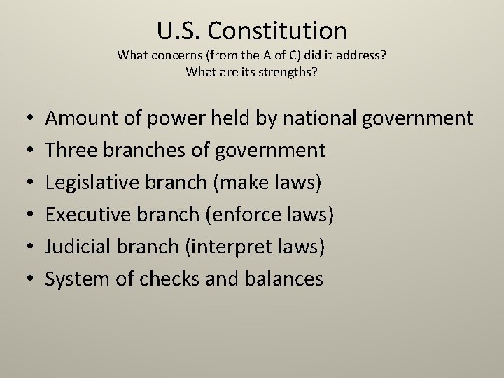 U. S. Constitution What concerns (from the A of C) did it address? What