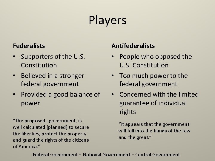 Players Federalists Antifederalists • Supporters of the U. S. Constitution • Believed in a