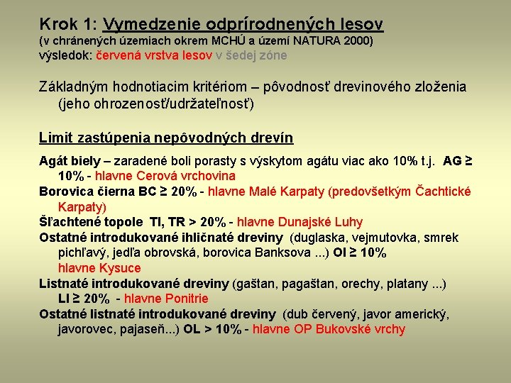 Krok 1: Vymedzenie odprírodnených lesov (v chránených územiach okrem MCHÚ a území NATURA 2000)