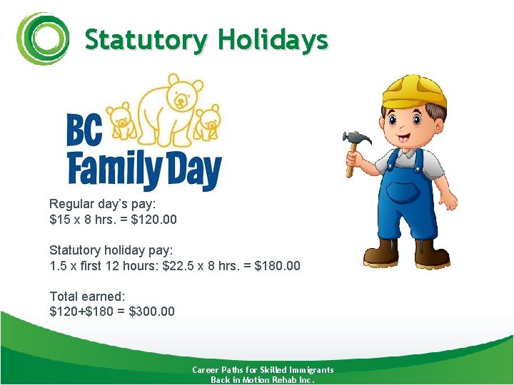 Statutory Holidays Regular day’s pay: $15 x 8 hrs. = $120. 00 Statutory holiday