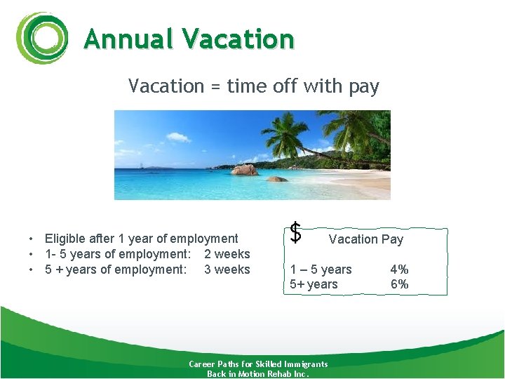 Annual Vacation = time off with pay • Eligible after 1 year of employment