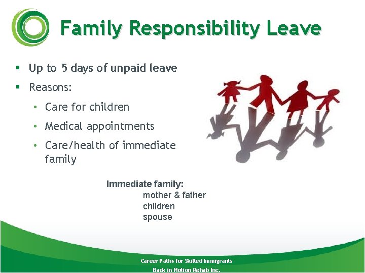 Family Responsibility Leave § Up to 5 days of unpaid leave § Reasons: •