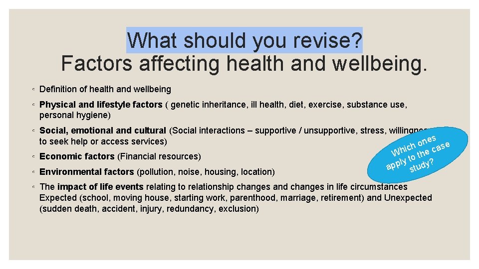 What should you revise? Factors affecting health and wellbeing. ◦ Definition of health and