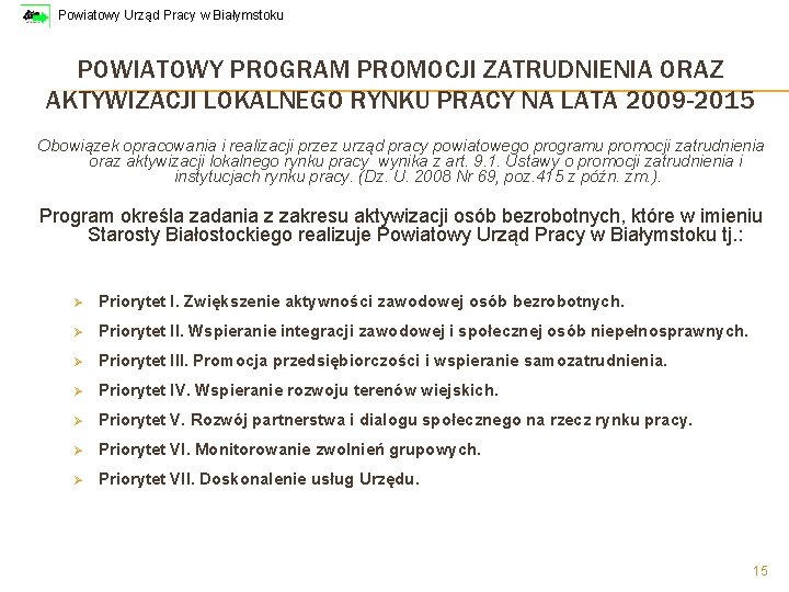 Powiatowy Urząd Pracy w Białymstoku POWIATOWY PROGRAM PROMOCJI ZATRUDNIENIA ORAZ AKTYWIZACJI LOKALNEGO RYNKU PRACY