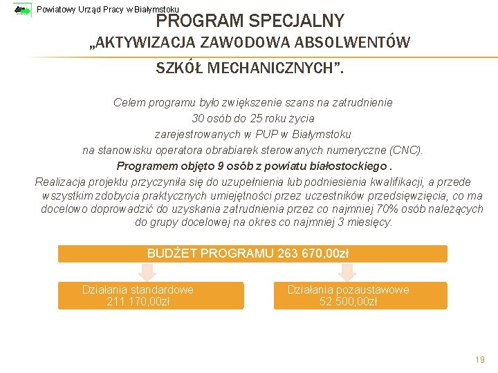 Powiatowy Urząd Pracy w Białymstoku PROGRAM SPECJALNY „AKTYWIZACJA ZAWODOWA ABSOLWENTÓW SZKÓŁ MECHANICZNYCH”. Celem programu