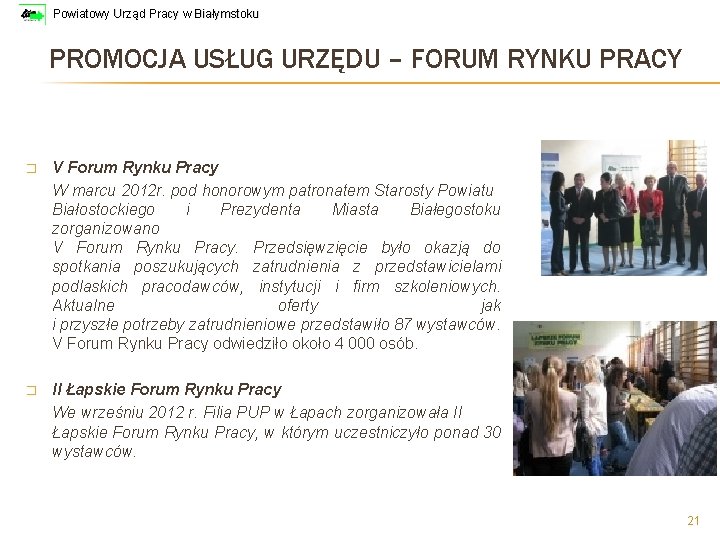 Powiatowy Urząd Pracy w Białymstoku PROMOCJA USŁUG URZĘDU – FORUM RYNKU PRACY � V