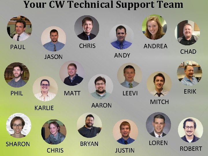 Your CW Technical Support Team CHRIS PAUL ANDREA ANDY JASON MATT KARLIE SHARON CHRIS
