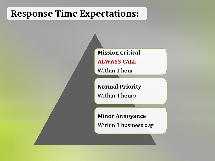 Response Time Expectations: Mission Critical ALWAYS CALL Within 1 hour Normal Priority Within 4