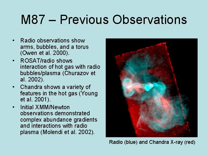 M 87 – Previous Observations • Radio observations show arms, bubbles, and a torus