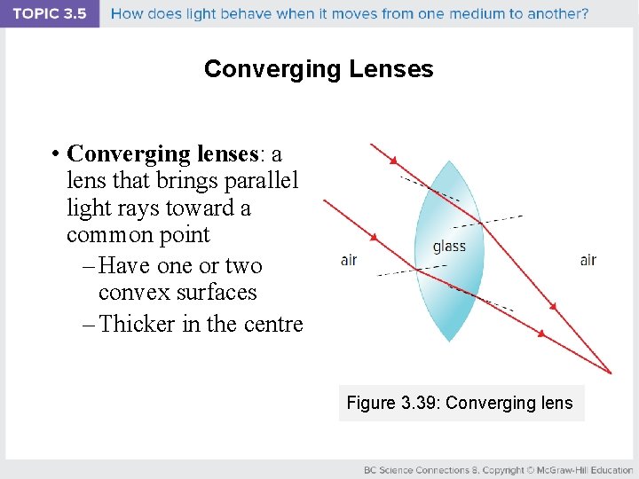 Converging Lenses • Converging lenses: a lens that brings parallel light rays toward a