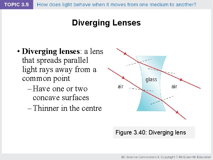 Diverging Lenses • Diverging lenses: a lens that spreads parallel light rays away from