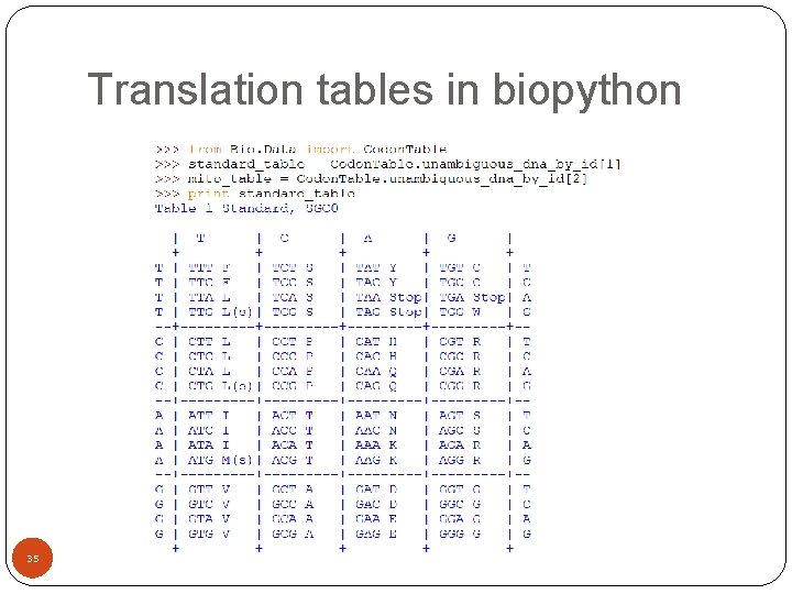 Translation tables in biopython 35 