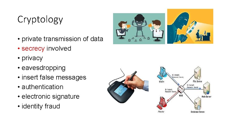 Cryptology • private transmission of data • secrecy involved • privacy • eavesdropping •