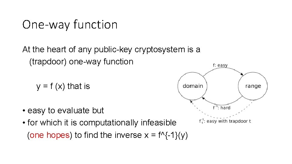 One-way function At the heart of any public-key cryptosystem is a (trapdoor) one-way function