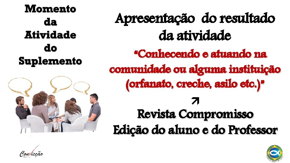 Apresentação do resultado da atividade “Conhecendo e atuando na comunidade ou alguma instituição (orfanato,