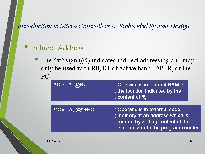 Introduction to Micro Controllers & Embedded System Design • Indirect Address • The “at”