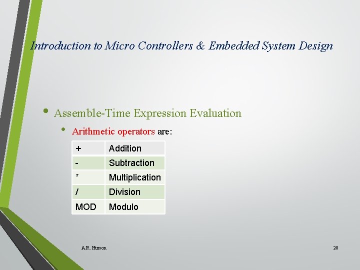 Introduction to Micro Controllers & Embedded System Design • Assemble-Time Expression Evaluation • Arithmetic Introduction to Micro Controllers & Embedded System Design • Assemble-Time Expression Evaluation • Arithmetic