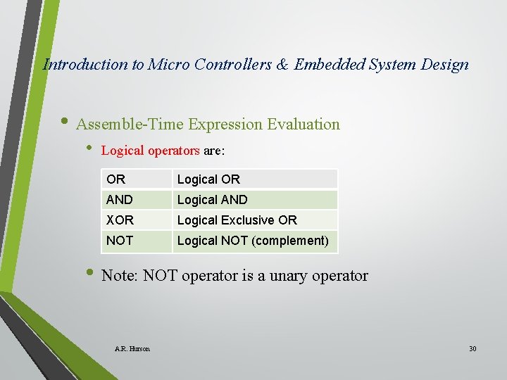 Introduction to Micro Controllers & Embedded System Design • Assemble-Time Expression Evaluation • Logical Introduction to Micro Controllers & Embedded System Design • Assemble-Time Expression Evaluation • Logical