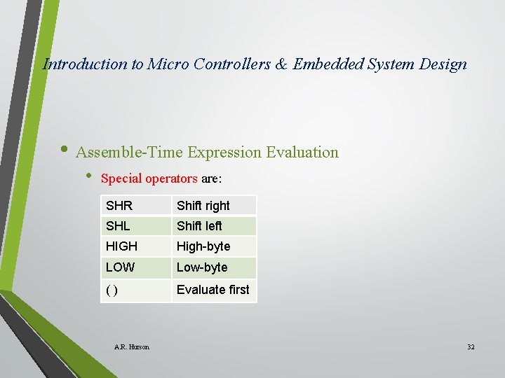 Introduction to Micro Controllers & Embedded System Design • Assemble-Time Expression Evaluation • Special