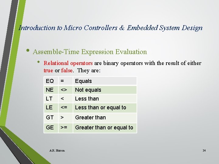 Introduction to Micro Controllers & Embedded System Design • Assemble-Time Expression Evaluation • Relational