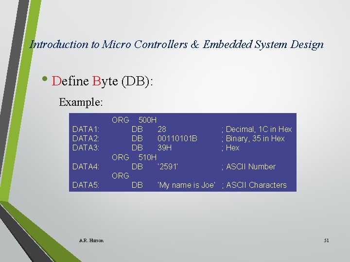 Introduction to Micro Controllers & Embedded System Design • Define Byte (DB): Example: ORG