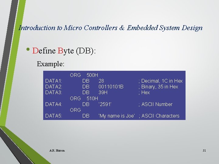 Introduction to Micro Controllers & Embedded System Design • Define Byte (DB): Example: ORG Introduction to Micro Controllers & Embedded System Design • Define Byte (DB): Example: ORG