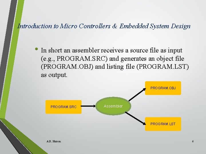 Introduction to Micro Controllers & Embedded System Design • In short an assembler receives