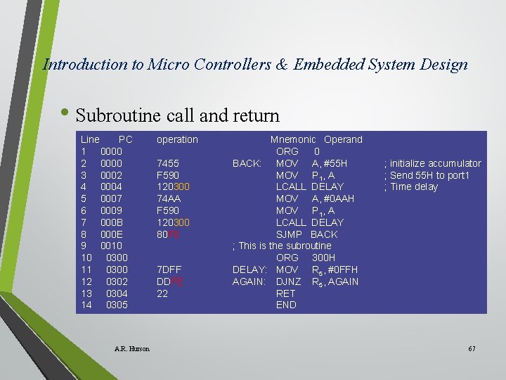 Introduction to Micro Controllers & Embedded System Design • Subroutine call and return Line