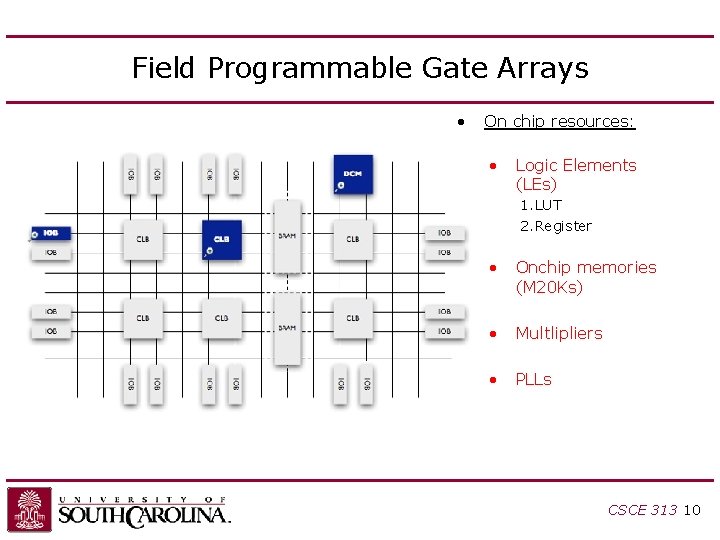 Field Programmable Gate Arrays • On chip resources: • Logic Elements (LEs) 1. LUT Field Programmable Gate Arrays • On chip resources: • Logic Elements (LEs) 1. LUT
