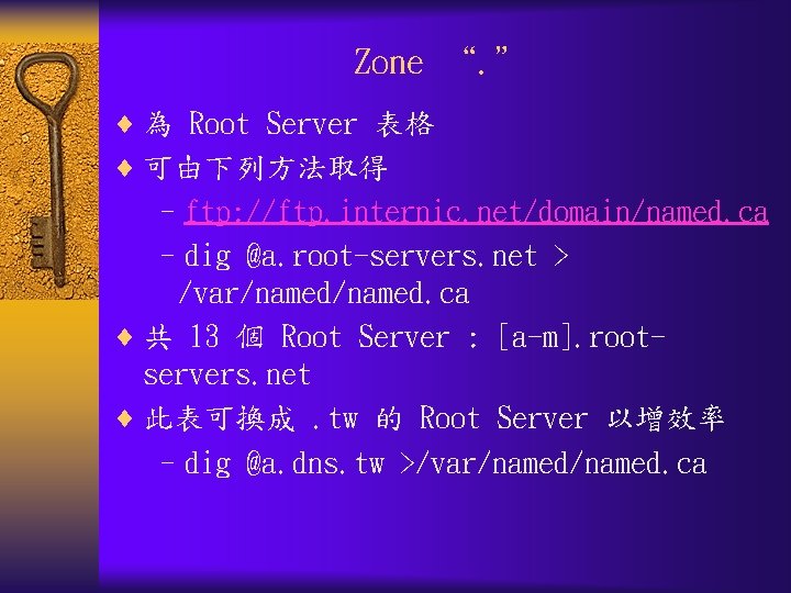 Zone “. ” ¨ 為 Root Server 表格 ¨ 可由下列方法取得 –ftp: //ftp. internic. net/domain/named.