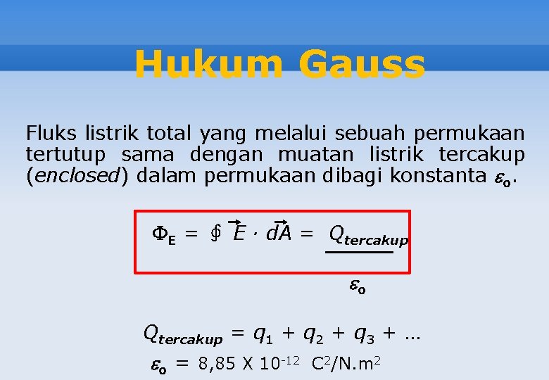 Hukum Gauss Fluks listrik total yang melalui sebuah permukaan tertutup sama dengan muatan listrik