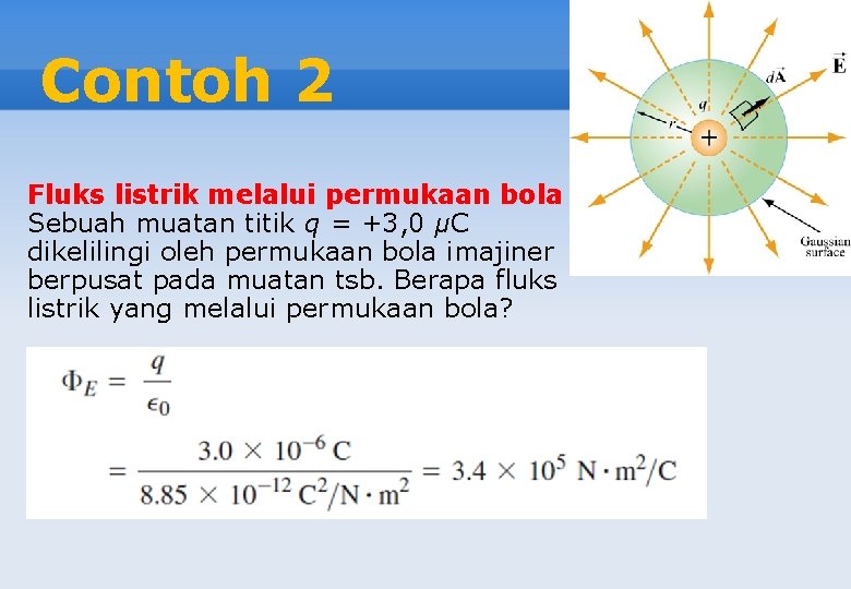 Contoh 2 Fluks listrik melalui permukaan bola Sebuah muatan titik q = +3, 0