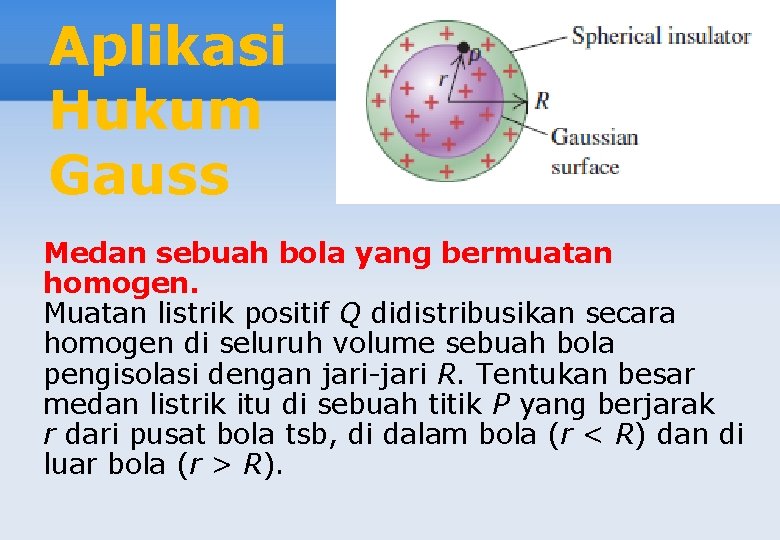 Aplikasi Hukum Gauss Medan sebuah bola yang bermuatan homogen. Muatan listrik positif Q didistribusikan