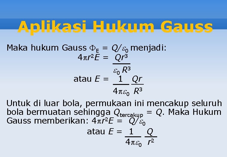 Aplikasi Hukum Gauss Maka hukum Gauss E = Q/ 0 menjadi: 4 r 2