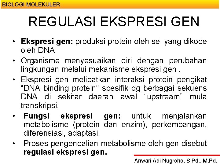 BIOLOGI MOLEKULER REGULASI EKSPRESI GEN • Ekspresi gen: produksi protein oleh sel yang dikode