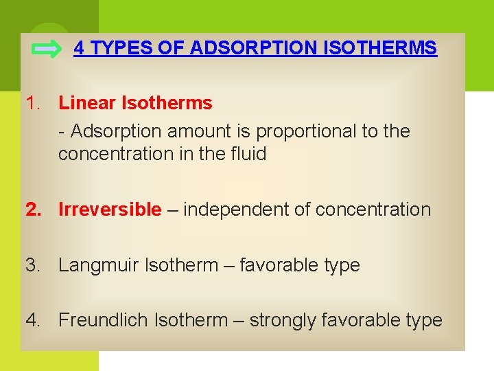 4 TYPES OF ADSORPTION ISOTHERMS 1. Linear Isotherms - Adsorption amount is proportional to