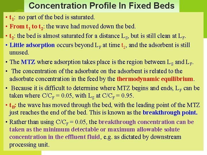 Concentration Profile In Fixed Beds • t 1: no part of the bed is