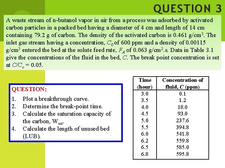 QUESTION 3 A waste stream of n-butanol vapor in air from a process was
