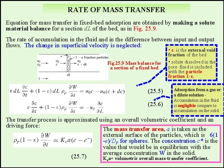 RATE OF MASS TRANSFER Equation for mass transfer in fixed-bed adsorption are obtained by