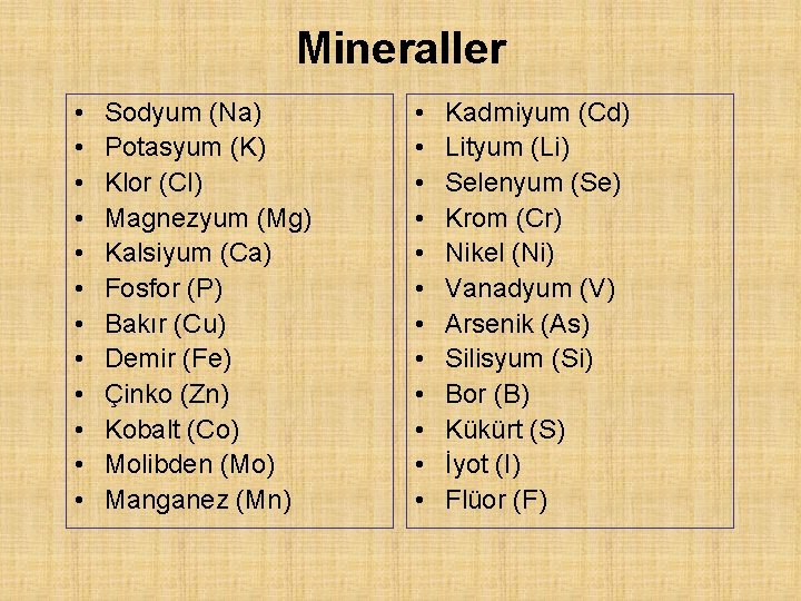 Mineraller • • • Sodyum (Na) Potasyum (K) Klor (Cl) Magnezyum (Mg) Kalsiyum (Ca)