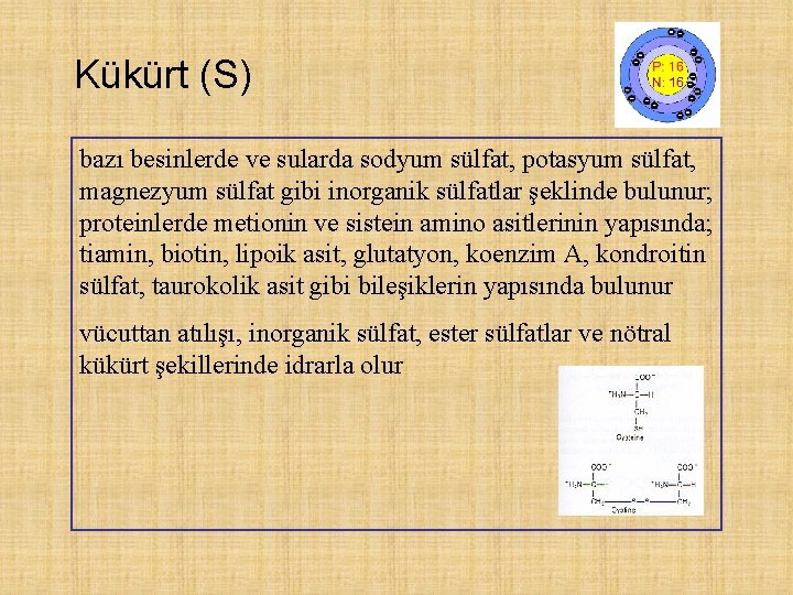 Kükürt (S) bazı besinlerde ve sularda sodyum sülfat, potasyum sülfat, magnezyum sülfat gibi inorganik