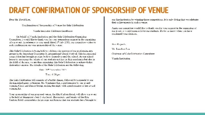 DRAFT CONFIRMATION OF SPONSORSHIP OF VENUE 